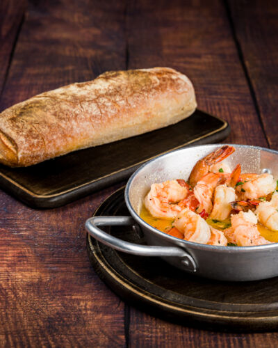 Butter, garlic and white wine sauteed shrimp