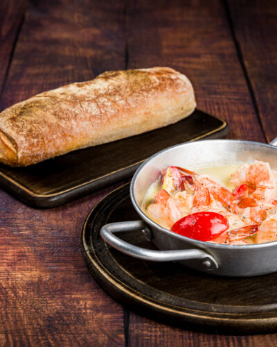 Roquefort cheese and cream sauteed shrimp